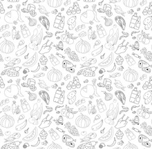 Black And White Seamless Pattern With Groceries, Vegetables And Fruits, Hand Drawn Vector Illustration