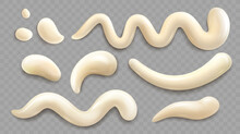 Drips Of Mayonnaise, Cheese Sauce Or Vanilla Cream Isolated On Transparent Background. Stains, Drops And Blobs Of Mayo Sauce, Yoghurt Or Cosmetic Mousse, Vector Realistic Set