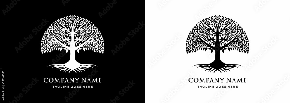 Tree of life oak banyan leaf and root seal emblem stamp logo design ...