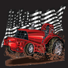 Pulling Tractor Isolated On Black Background For Poster, T-shirt Print, Business Element, Social Media Content, Blog, Sticker, Vlog, And Card. Vector Illustration.