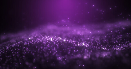 Poster - Abstract purple glowing energy waves from particles and magic dots with blur effect on dark background. Abstract background