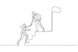 Illustration of businesswoman help friend to succeed and reach goal achieve target. Single line art style