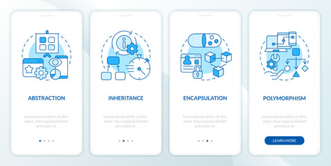 Object oriented programming pillars blue onboarding mobile app screen. Walkthrough 4 steps editable graphic instructions with linear concepts. UI, UX, GUI template. Myriad Pro-Bold, Regular fonts used