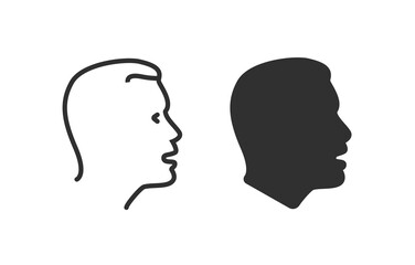 Wall Mural - Face profile silhouette man side vector icon or thin line outline art linear human male person head shape black white clipart pictogram graphic illustration, young guy boy simple stroke portrait image