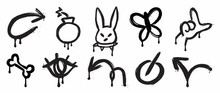 Set Of Graffiti Spray Pattern Vector Illustration. Collection Of Spray Texture Hand Sign, Arrow, Bomb, Rabbit, Eye, Bone, Butterfly. Elements On White Background For Banner, Decoration, Street Art.