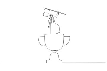 Wall Mural - Illustration of arab businessman winner raising flag on winning trophy concept of victory. Single continuous line art style