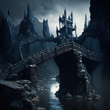 A Sinister Fantasy Landscape Taken From A Nightmare. A Large Ventablack Steel Bridge That Connects Two Dived Pieces Of Land.