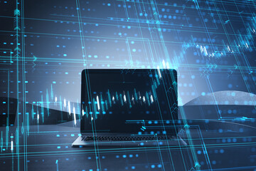 Aufkleber - Close up of laptop with glowing candlestick forex grid chart on blurry background. Financial growth, trade and stock market concept. Double exposure.
