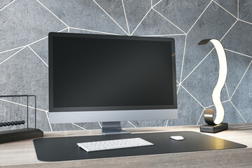 Aufkleber - Close up of luxury designer desk top with empty black computer monitor, various items and light concrete wall. Mock up, 3D Rendering.