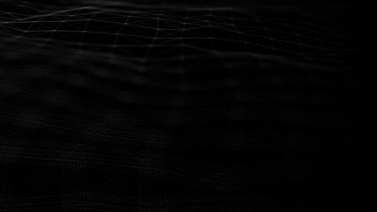 Poster - Wave of digital particles on a black background. Abstract interlacing lines and points. Digital connection of elements. Simulation of the movement of small particles. 3D rendering.