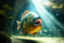 Aggressive Piranhas With Golden Scales In Sunlit Water