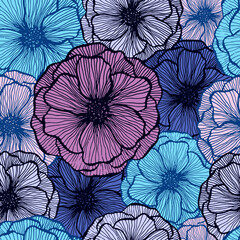 Wall Mural - Poppy flower doodle  floral vector seamless pattern summer  fabric print design. Line texture petals