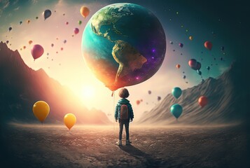 Wall Mural - illustration of cute kid hold big Earth balloon, idea for environment reservation, save the world today for future of your children