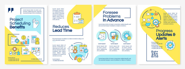 Project scheduling benefits blue and yellow brochure template. Leaflet design with linear icons. Editable 4 vector layouts for presentation, annual reports. Questrial, Lato-Regular fonts used