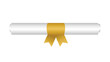 Rolled up award sheet with gold ribbon. Certificate of education and successful completion of college and holiday scroll ceremonial vector greetings