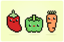 8 Bit Pixel Chili, Paprika And Carrot In Kawaii Style. Vegetables Adorable For Game Assets In Vector Illustration.