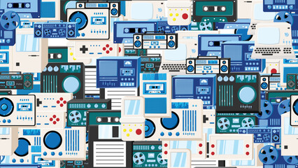 Poster - Seamless pattern endless with tech electronics equipment old retro vintage hipster from 70s, 80s, 90s isolated on white background. Vector illustration