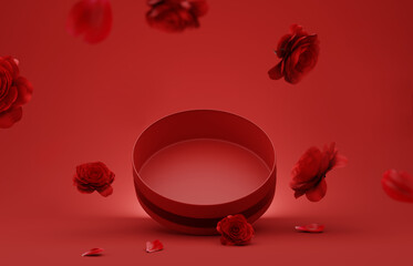 Wall Mural - 3D podium, display, background. Red flower, rose falling petals. Open gift box. Luxury surprise. Cosmetic product presentation. Abstract, love, valentines day or woman's day. 3D render birthday mockup