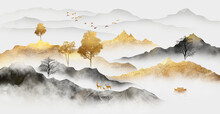 Golden Mountains In The Distance, Forest, Sunlight. Traditional Oriental Ink Painting. Ink Artwork, Landscape, Watercolor