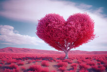 Heart Tree. Red Heart Shaped Tree. Valentine Background. Love. Valentines Day Illustration