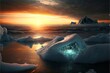 Magical winter iced sea landscape at sunset