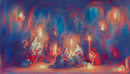 Wall Mural - Abstract Christmas nativity scene of born child baby Jesus Christ in the manger. Generative AI