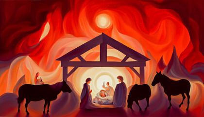 Wall Mural - Abstract Christmas nativity scene of born child baby Jesus Christ in the manger. Generative AI