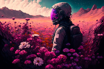 Wall Mural - beautiful astronaut sitting in in a field of flowers on a different planet. generative ai