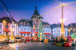 Craiova Christmas Market in historical Oltenia, Romania travel background.