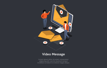 Poster - concept of video message, e learning. characters communicate to each other sending letters. video ma