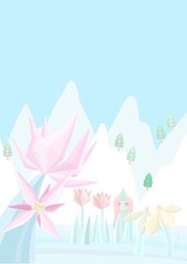  Paesaggio invernale sognante con sciatore, illustrazione fiabesca con fiori ghiacciati, jpg natalizio, montagne e natura innevata con persona, disegno di sport invernali nella natura