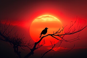 Wall Mural - bird, sun, and crimson sunset. generative ai