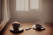 Cup of coffee on a wooden background polaroid photo AI generated image