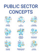 Public sector concept icons set. Governmental services and enterprises. idea thin line color illustrations. Isolated symbols. Editable stroke. Roboto-Medium, Myriad Pro-Bold fonts used