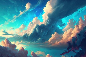 Fototapete - The Sea of Clouds. Setting sun, natural. To provide a visual representation of an idea. True-to-Life Artwork. Digital CG artwork for use as a backdrop in a video game. Generative AI