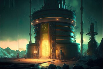 Fototapete - Digital science fiction artwork depicting a hidden subterranean nuclear reactor complex. Generative AI