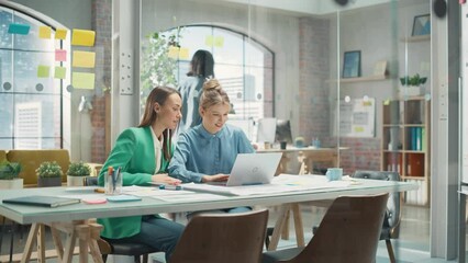 Poster - Team of Two Female Partners in Big City Office. Corporate CEO and Investment Manager Talk, Use Laptop Computer. Successful Women Discuss Data Analysis of e-Commerce Software Statistics
