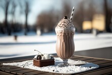 Illustration Of Ice Freezing Glass Of Chocolate Milkshake With Whip Cream Topping Glass