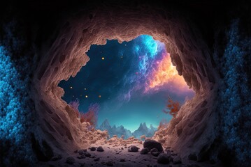 Wall Mural - Stones, a tunnel, a cave, and a starry night in outer space The night sky of the galaxy, complete with planets and a nebula. Planetary fantasy with a rock crevice. Lightning in a bottle. Generative AI