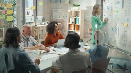 Poster - Female Chief Analyst Holds Meeting Presentation for a Team of Economists. She Shows a Whiteboard with Growth Analysis, Charts, Statistics and Data, Answers Questions. People Work in Creative Office 