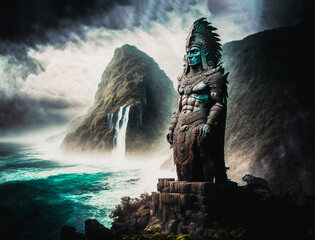 Wall Mural - Giant godlike aztec or maya statue guardian next to a beach in a mountain environment landscape