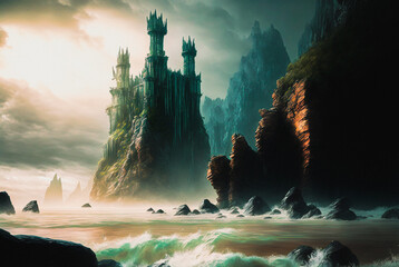Wall Mural - Architectural landmark on a cliff next to a beach in a fantasy forest mountain landscape
