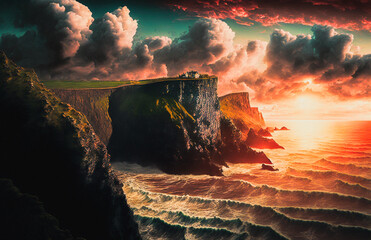 Wall Mural - View of a coast with a beach and cliffs during sunset