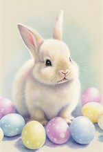 Easter Bunny Rabbit Surrounded By Colourful Eggs With A Pastel Watercolour Effect Which Is Useful For A Greeting Card In Spring, Computer Generative AI Stock Illustration Image