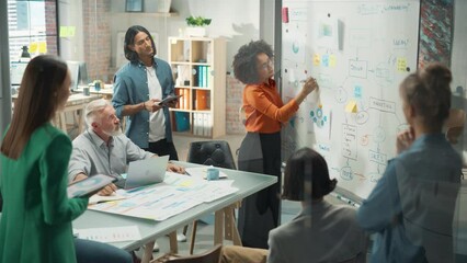 Poster - Modern Product Presentation Event: Successful Black Businesswoman Speaker Presents e-Commerce Startup Big Data Statistics, Charts, Revenue Growth Infographics for Startup Management Board
