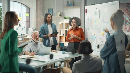 Poster - Diverse Modern Office: Successful Black Female Digital Entrepreneur Uses Whiteboard with Big Data, Statistics, Talks about Company Growth, Discusses Strategy with Investors, Top Managers, Executives