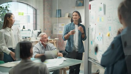 Poster - Project Manager Makes a Presentation for a Diverse Creative Team in Meeting Room in an Agency. Colleagues Sit Behind Conference Table and Discuss Business Development, User Interface and Design.