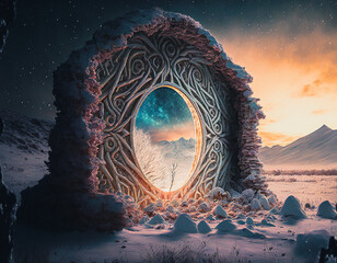 ancient or alien portal to another dimension in a winter landscape