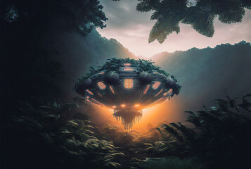 Wall Mural - Ancient or alien vessel object floating in a tropical rainforest environment