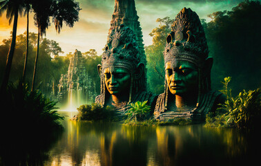 Wall Mural - Giant aztec or maya guardian statues next to a waterfall and a river in a tropical rainforest environment